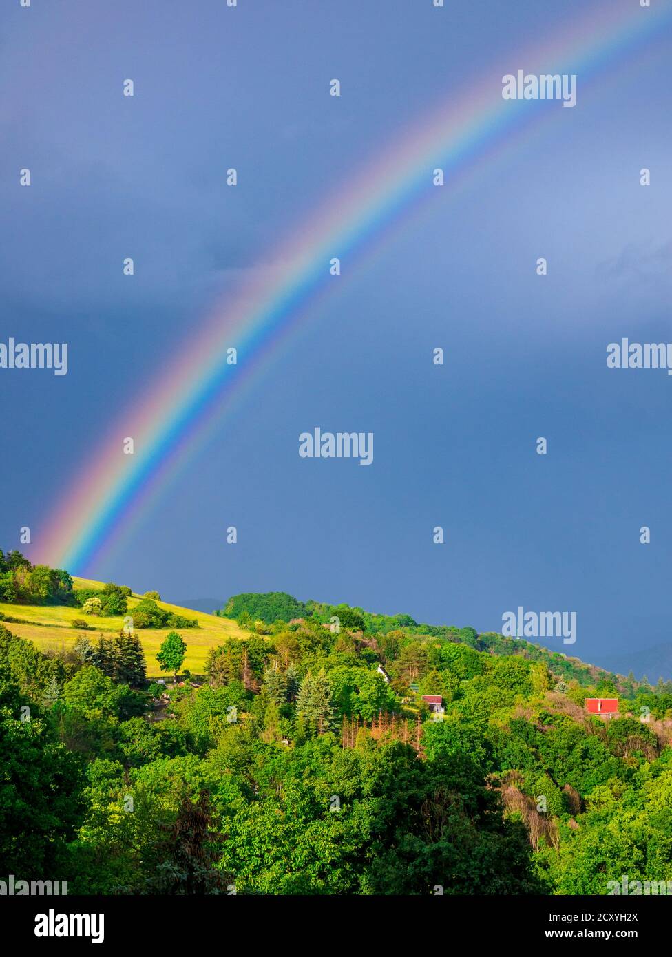 Beautiful intense rainbow over the hill. Appears a few moments after