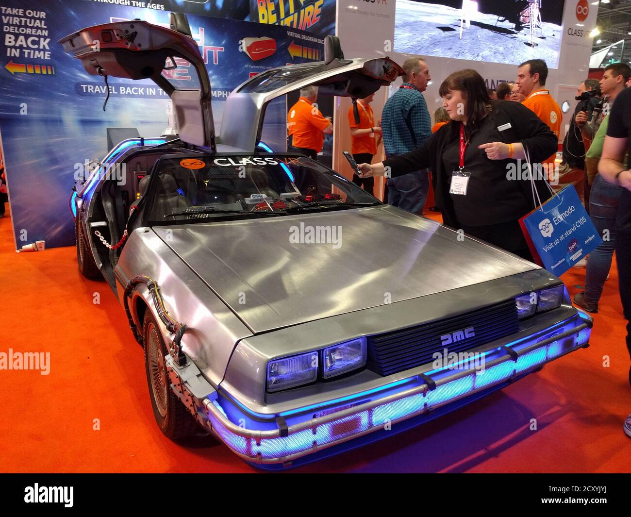 Original DeLorean Hero A  car time machine as used by Marty McFly and  Doc in Back to the Future film on a stand in a show Stock Photo