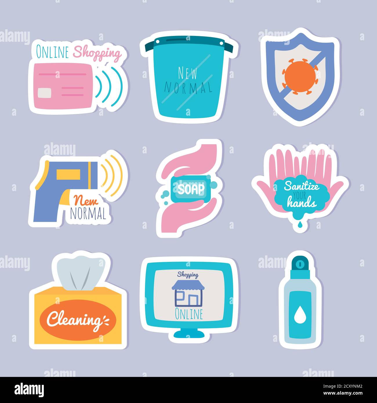 hands and new normal icon set over purple background, flat style ...