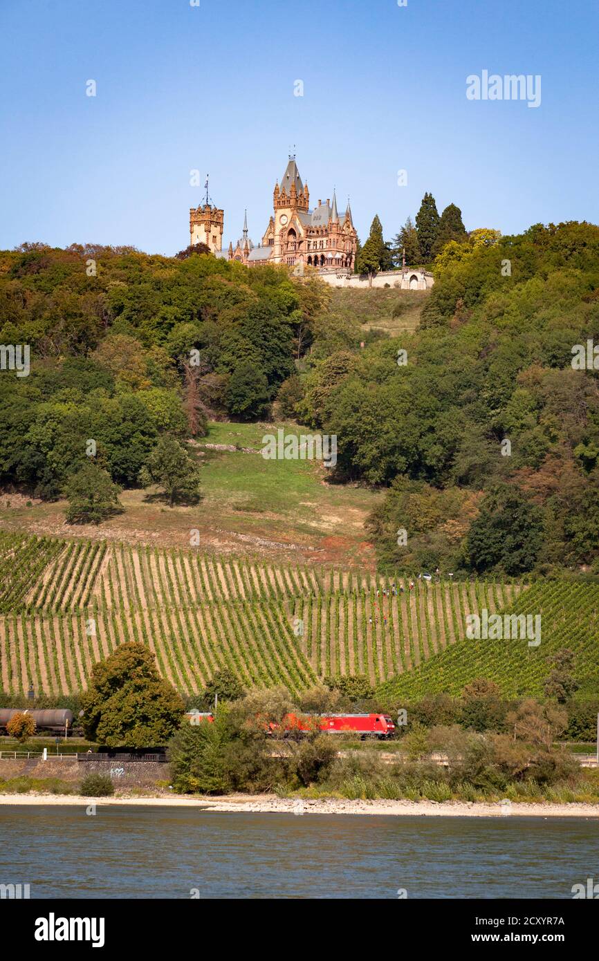 castle Drachenburg on Drachenfels hill above Koenigswinter, river Rhine, North Rhine-Westphalia, Germany.  Schloss Drachenburg am Drachenfels oberhalb Stock Photo