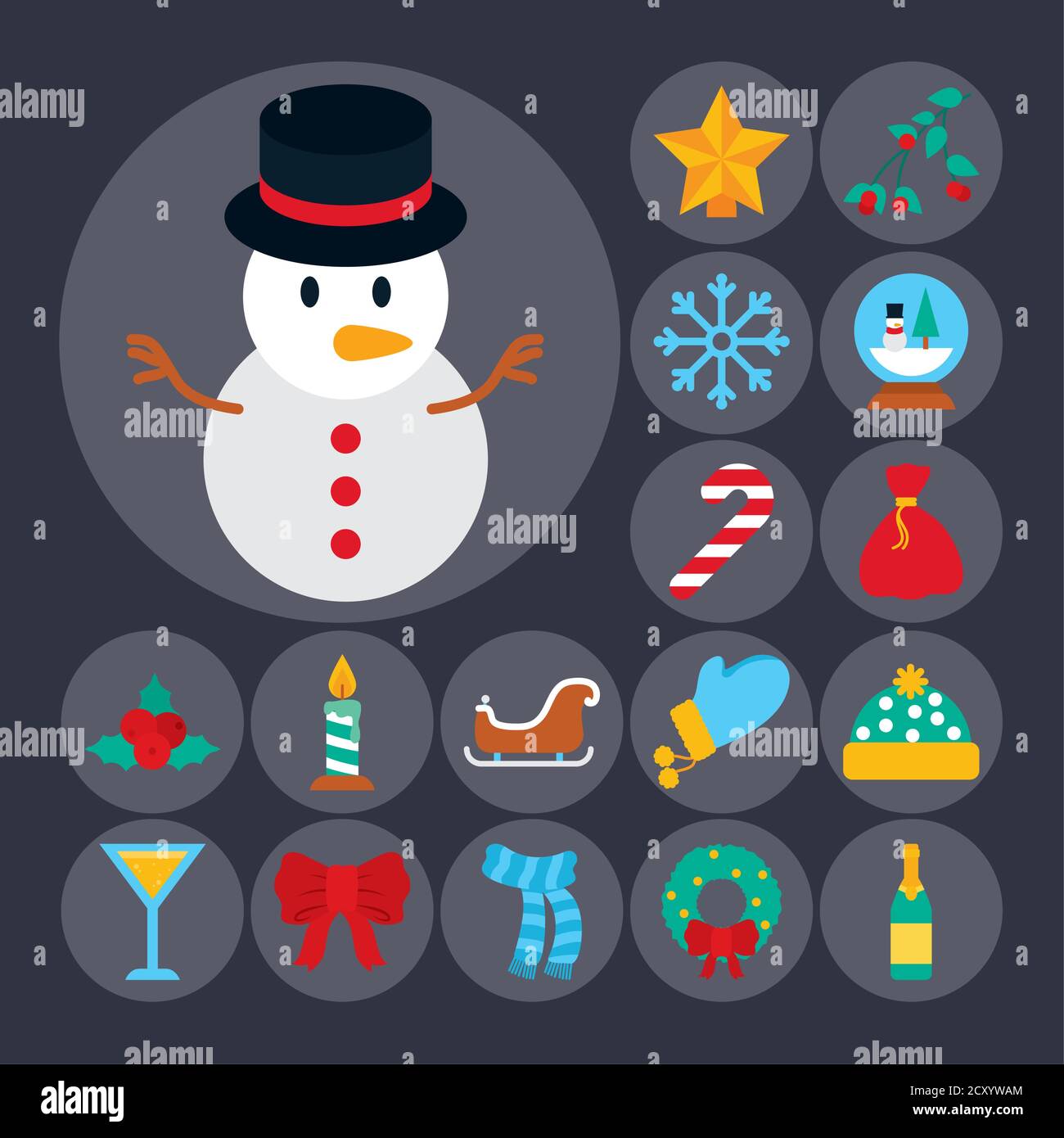icon set of christmas and snowman over black background, flat style ...