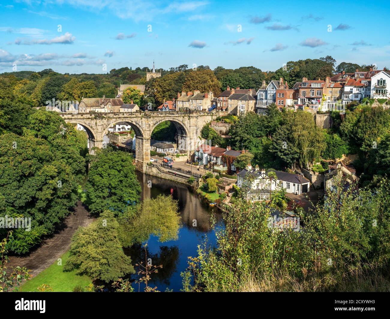 The Victorian railway viaduct across the River Nidd in early autumn Knaresborough North Yorkshire England Stock Photo