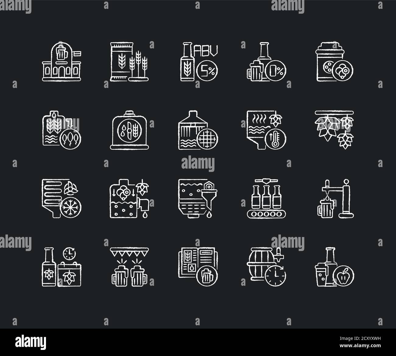 Brewing chalk white icons set on black background Stock Vector