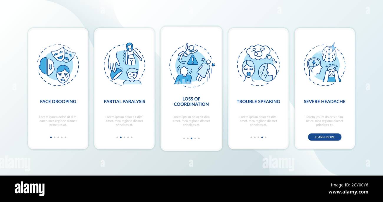 Brain stroke blue onboarding mobile app page screen with concepts Stock Vector