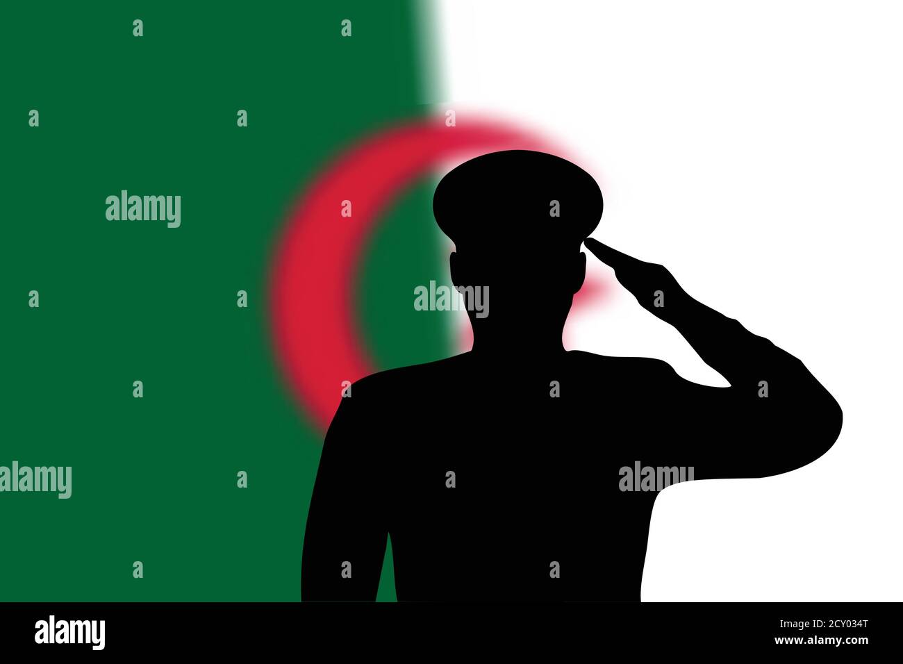 Solder silhouette on blur background with Algeria flag. Stock Vector