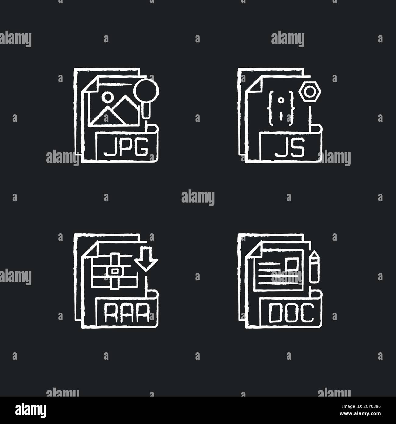 File types chalk white icons set on black background Stock Vector