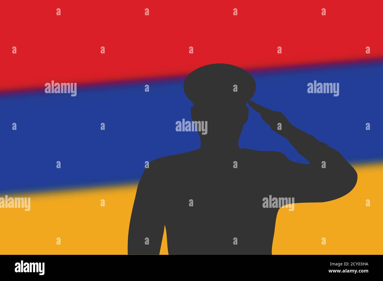 Solder silhouette on blur background with Armenia flag. Stock Vector