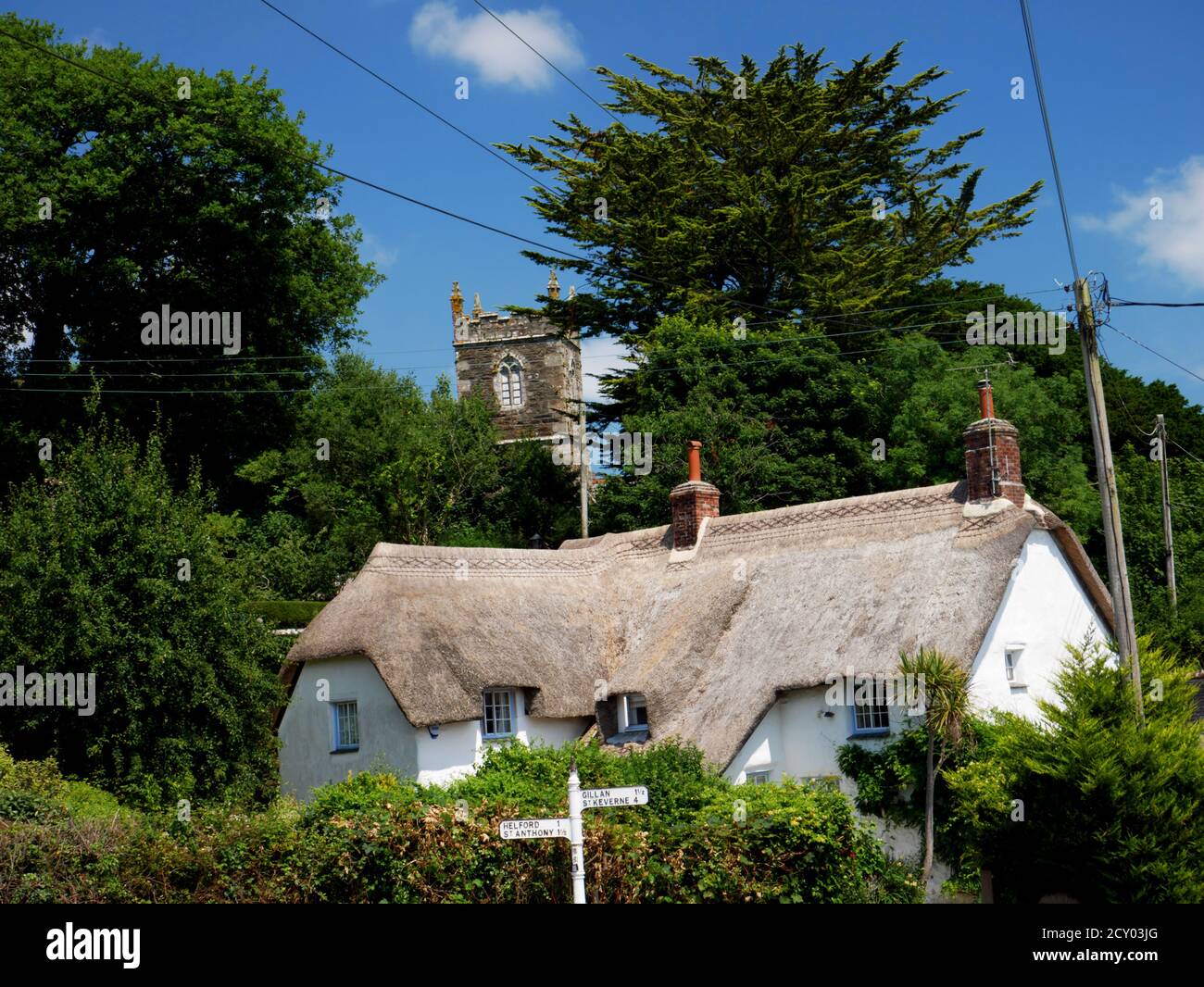 The church tower of St Manaccus and St Dunstan, Manaccan, Helford, Cornwall. Stock Photo