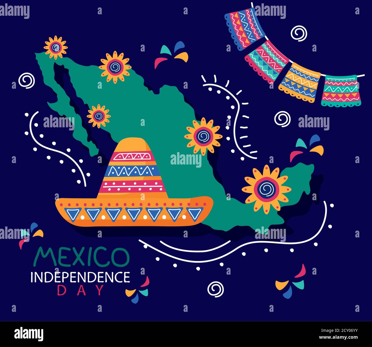 mexico independence day celebration lettering with mariachi hat and map