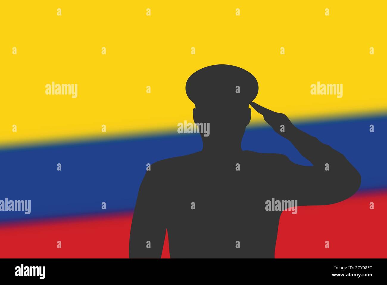 Solder silhouette on blur background with Colombia flag. Stock Vector