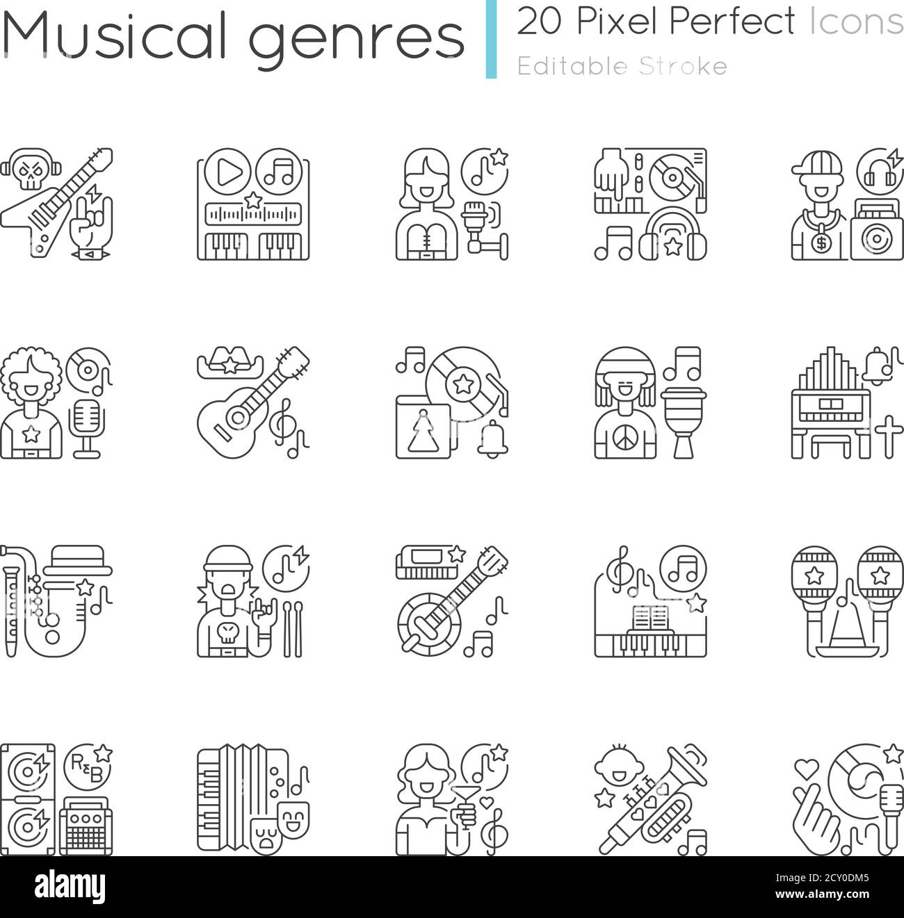 Musical genres pixel perfect linear icons set Stock Vector