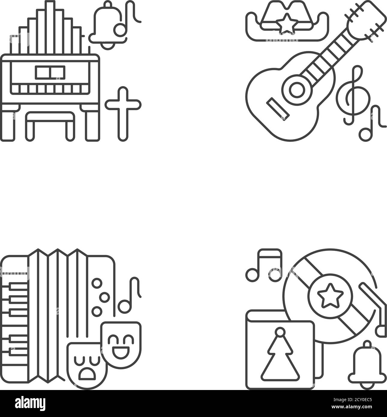 Different cultures music pixel perfect linear icons set Stock Vector