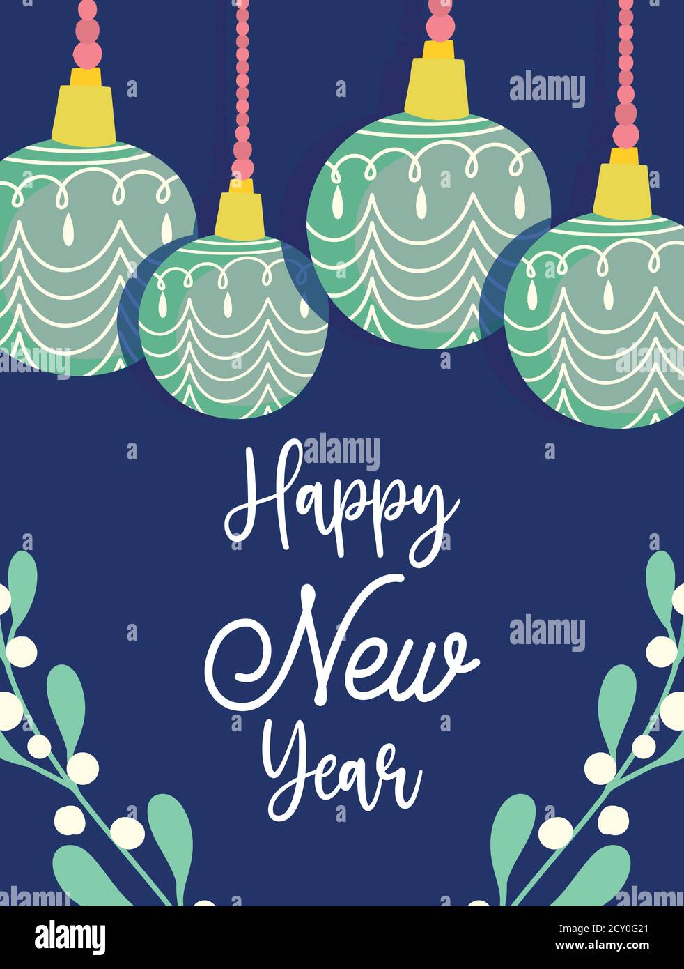 happy new year, decorative green balls and branches celebration party