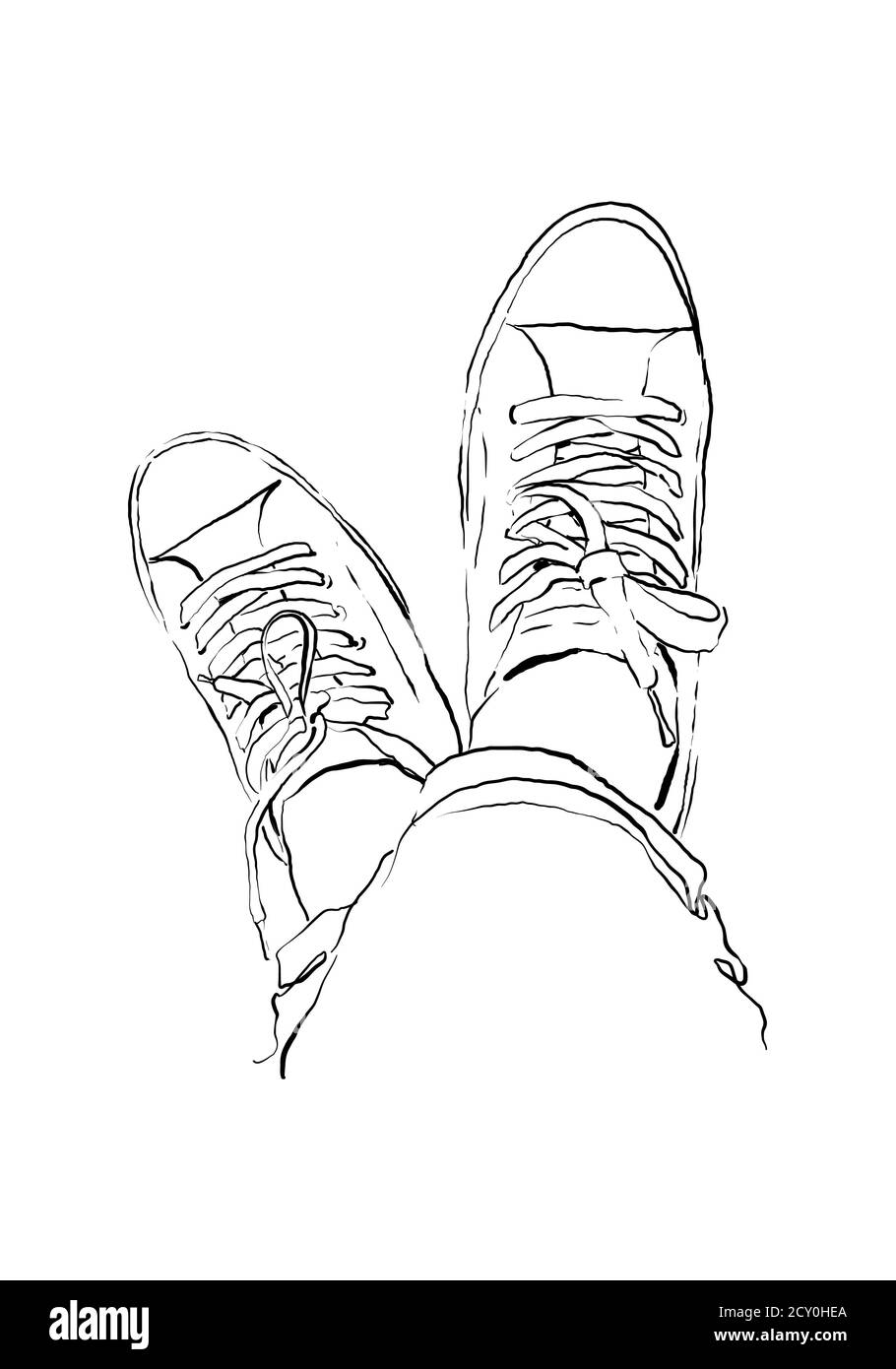 One line illustration of sneakers. Sports shoes in a line drawing style for sport & branding design. Stock Photo