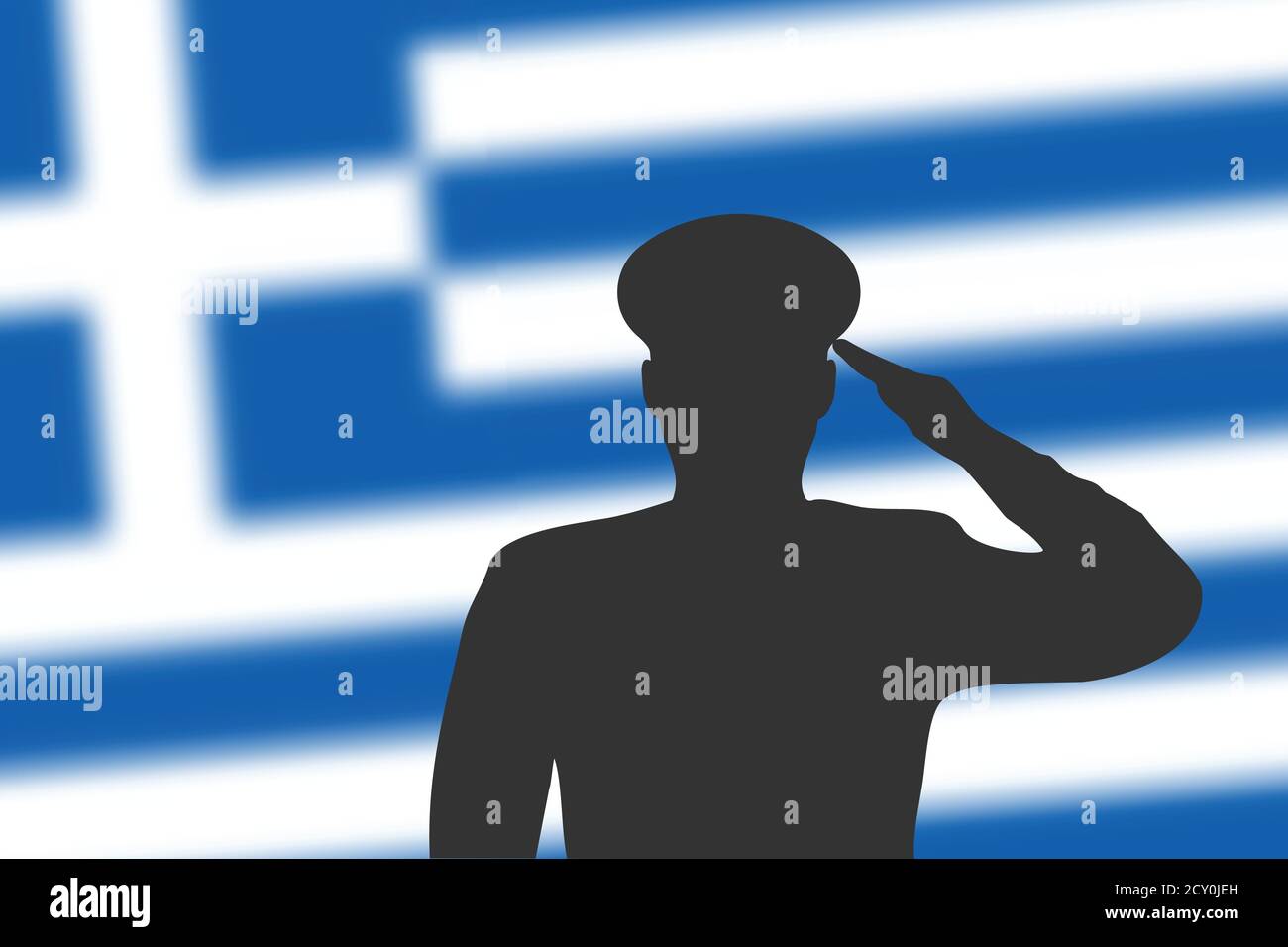 Solder silhouette on blur background with Greece flag. Stock Vector