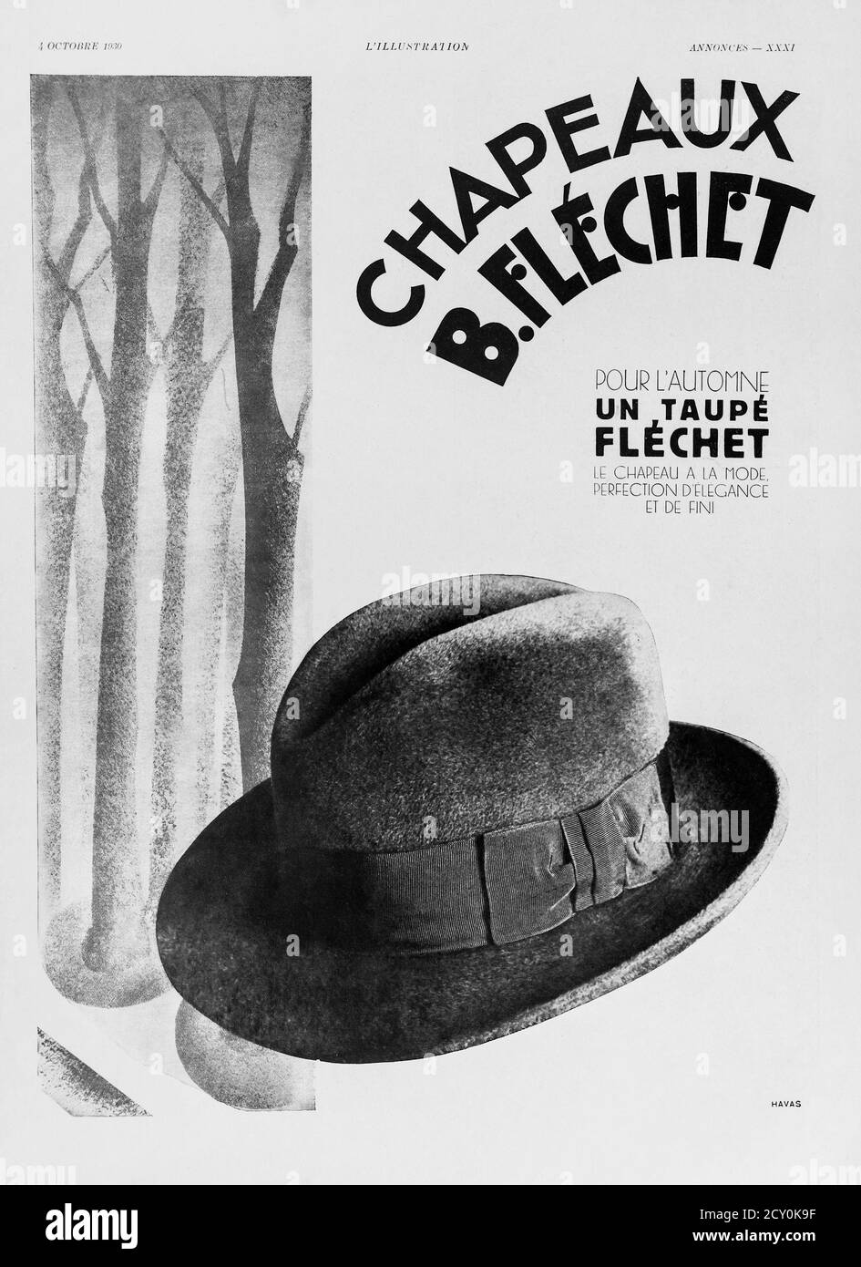 1930 advert for 'Fléchet' gentlemen's hats from the French 'l'Illustration' magazine. Stock Photo