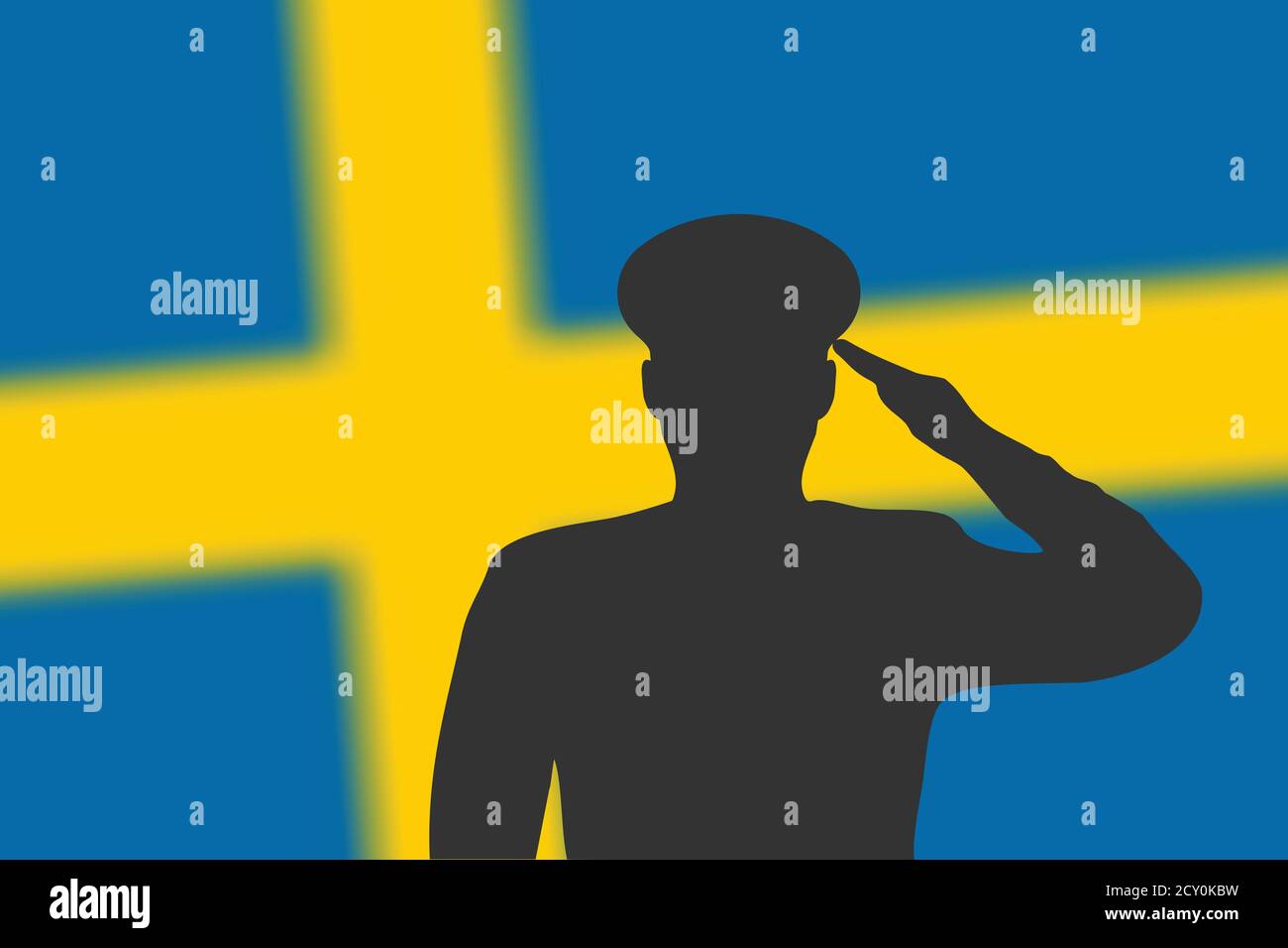 Solder silhouette on blur background with Sweden flag. Stock Vector