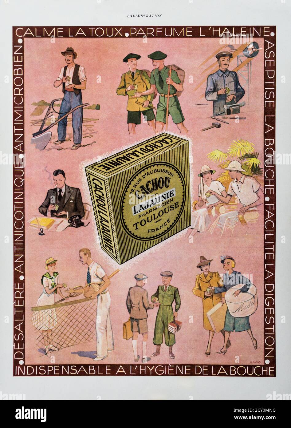 1930 advert for 'Cachou Lajaunie' clean breath tablets from the French 'l'Illustration' magazine. Stock Photo