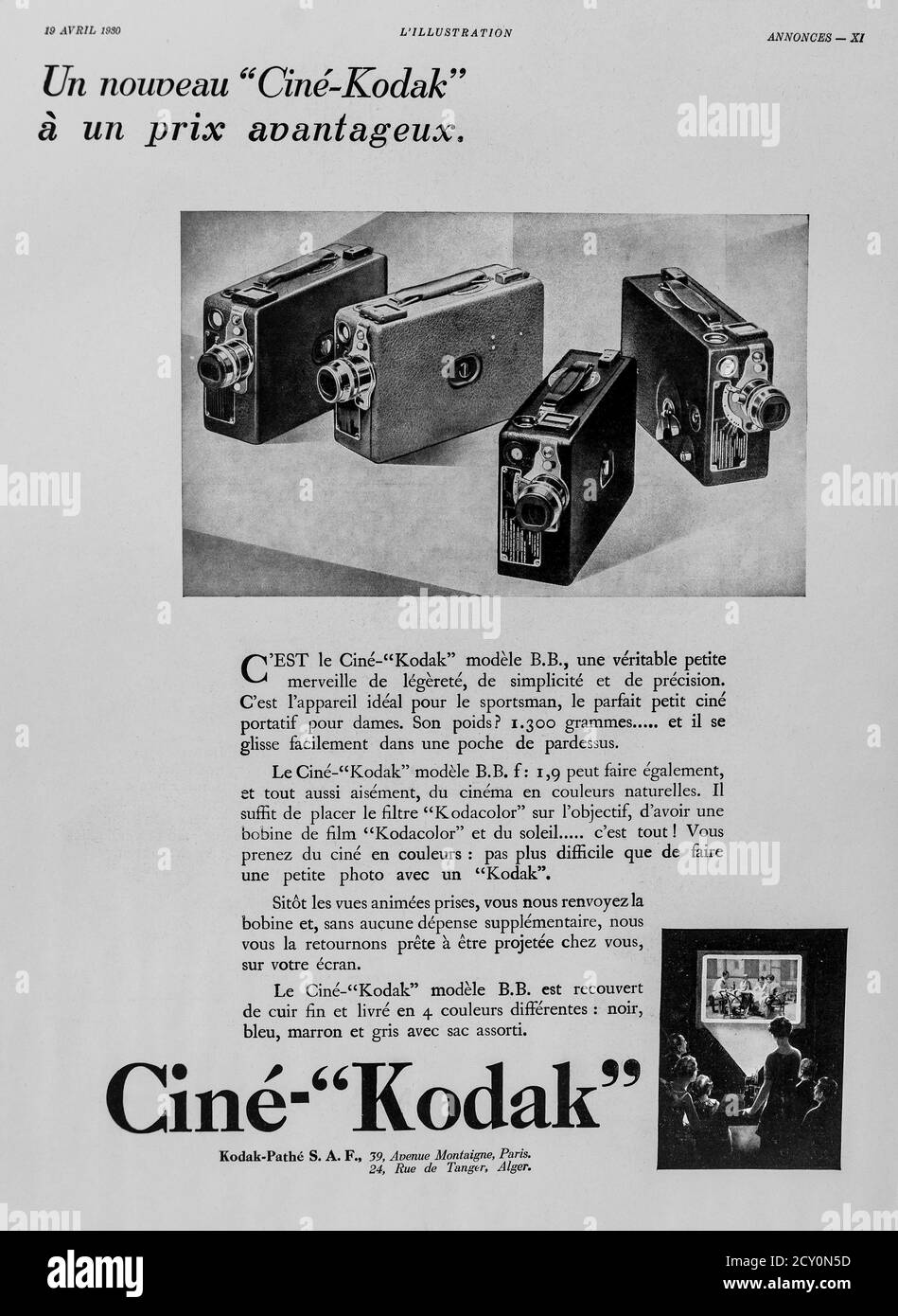 1930 advert for 'Kodak' cine cameras from the French 'l'Illustration' magazine. Stock Photo
