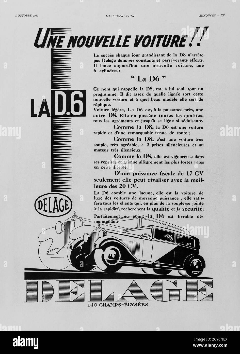 1930 advert for the 'Delage D6' saloon car from the French 'l'Illustration' magazine. Stock Photo
