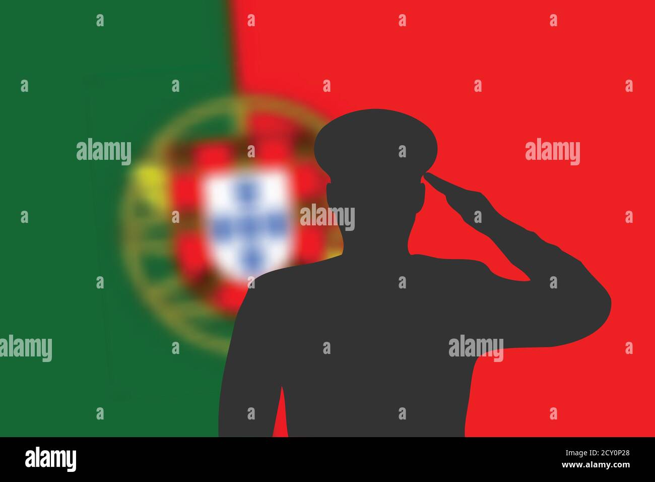 Solder silhouette on blur background with Portugal flag. Stock Vector
