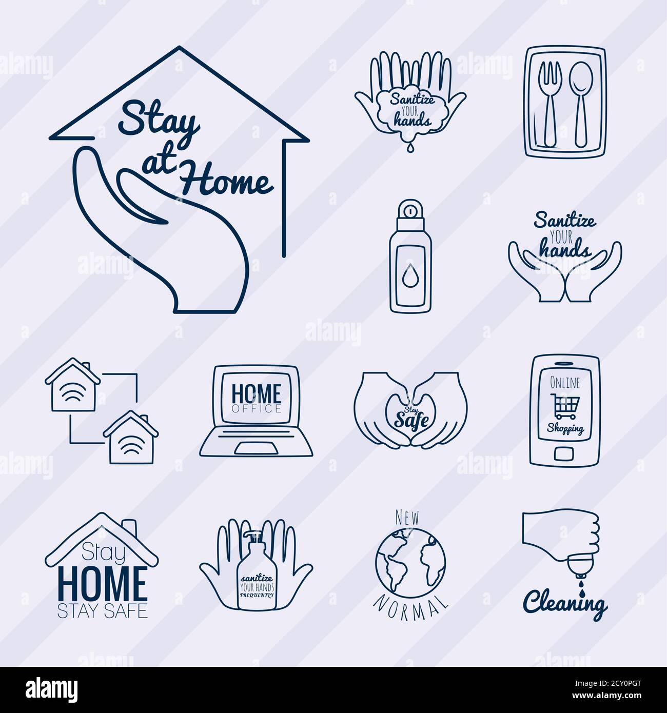 stay at home and hand washing icon set over white background, line ...