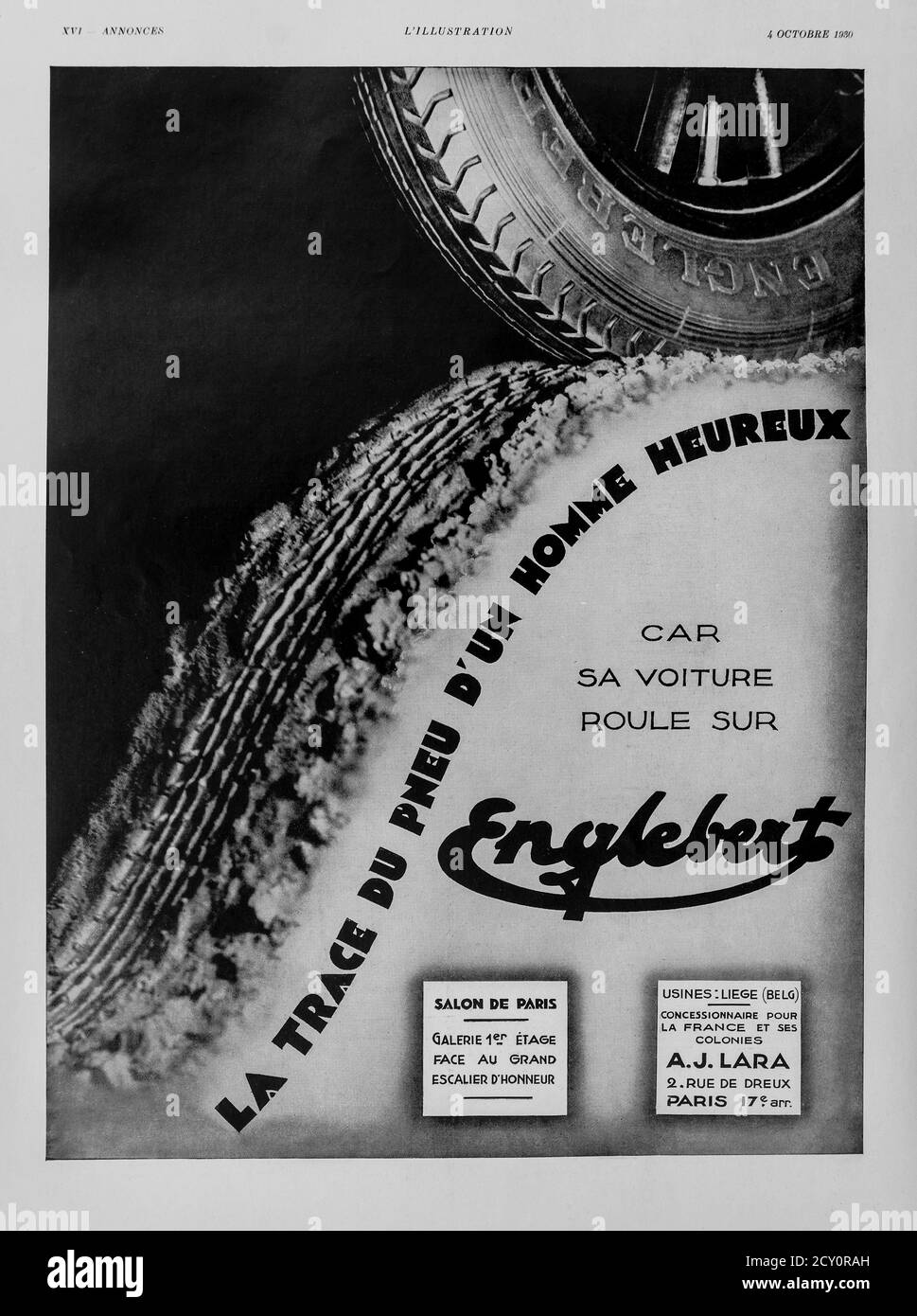 1930 advert for Belgian 'Englebert' car tyres from the French 'l'Illustration' magazine. Stock Photo