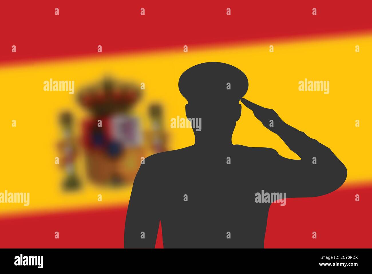 Solder silhouette on blur background with Spain flag. Stock Vector