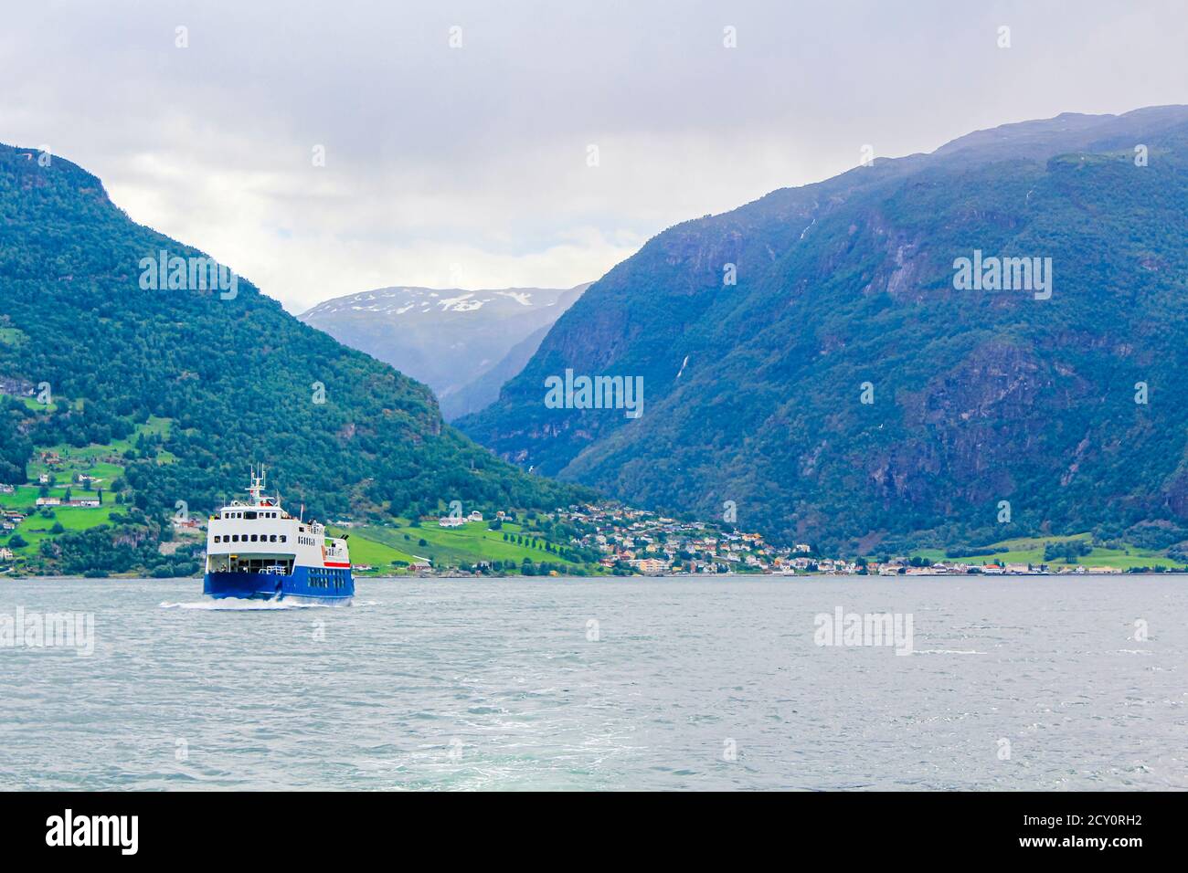 Boat trip and holiday ferry in beautiful Aurlandsfjord Aurland Vestland Sognefjord in Norway. Stock Photo