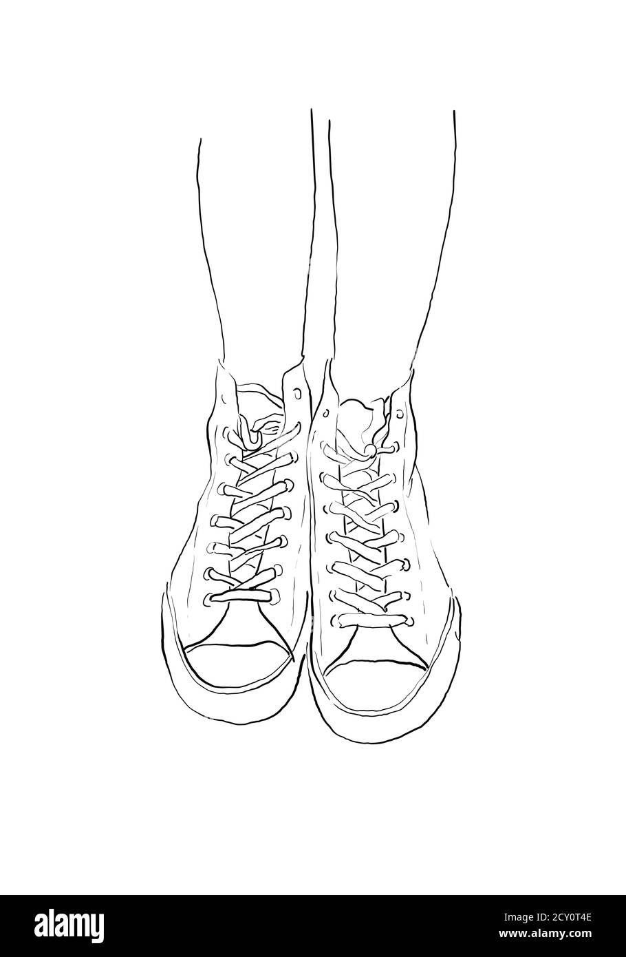 One line illustration of sneakers. Sports shoes in a line drawing style for sport & branding design. Stock Photo
