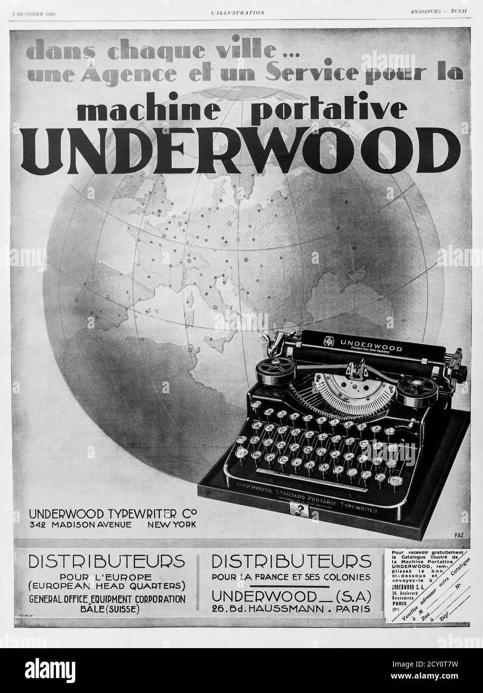 1929 advert for an 'Underwood' portable typewriter from the French 'l'Illustration' magazine. Stock Photo