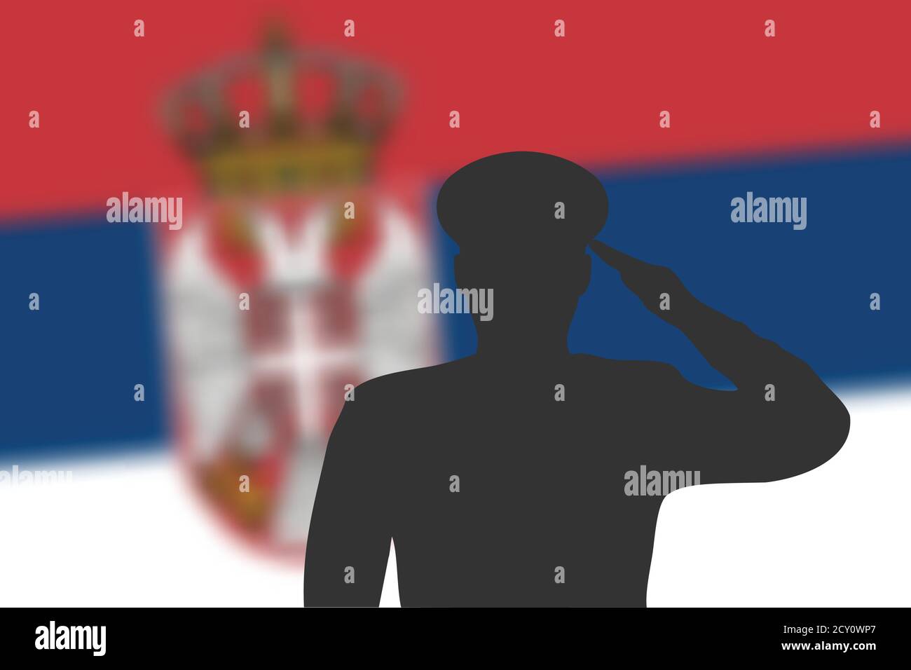 Solder silhouette on blur background with Serbia flag. Stock Vector