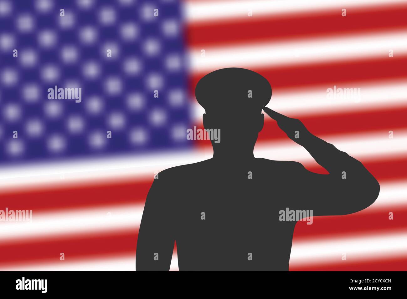 Solder silhouette on blur background with United States flag. Stock Vector