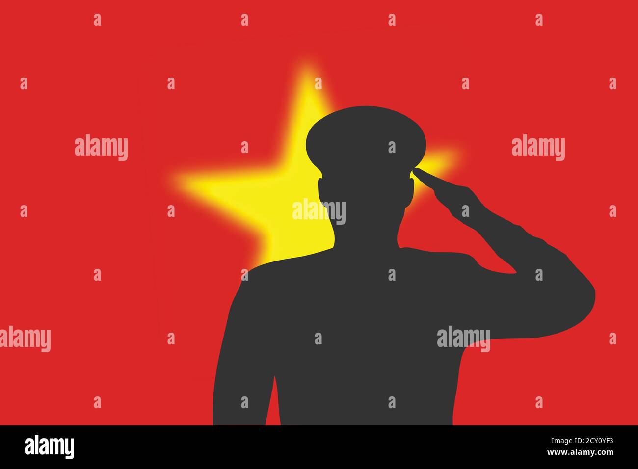 Solder silhouette on blur background with Vietnam flag. Stock Vector