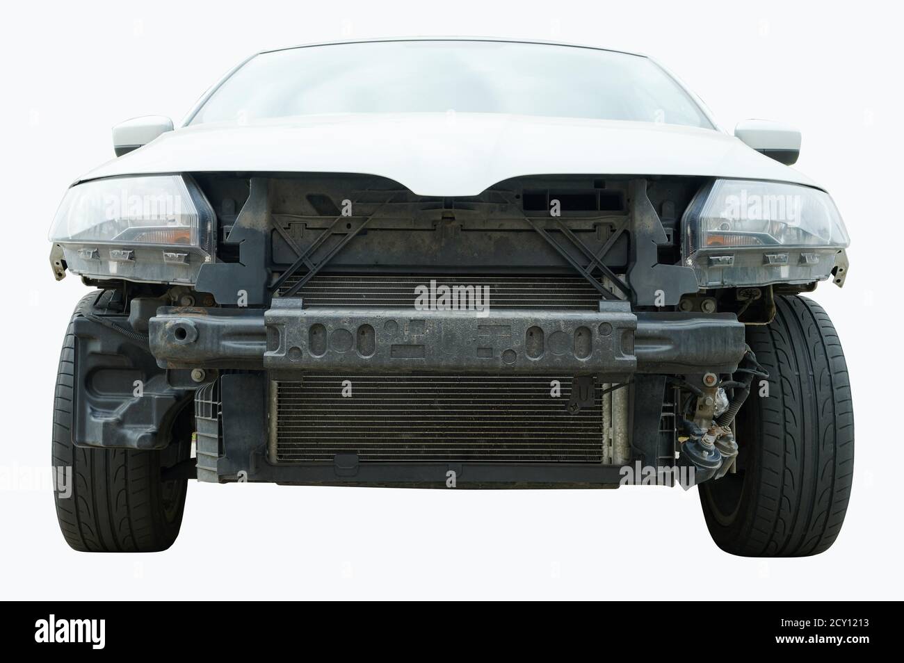 White car without bumper isolated front view. Repair car concept Stock Photo Alamy