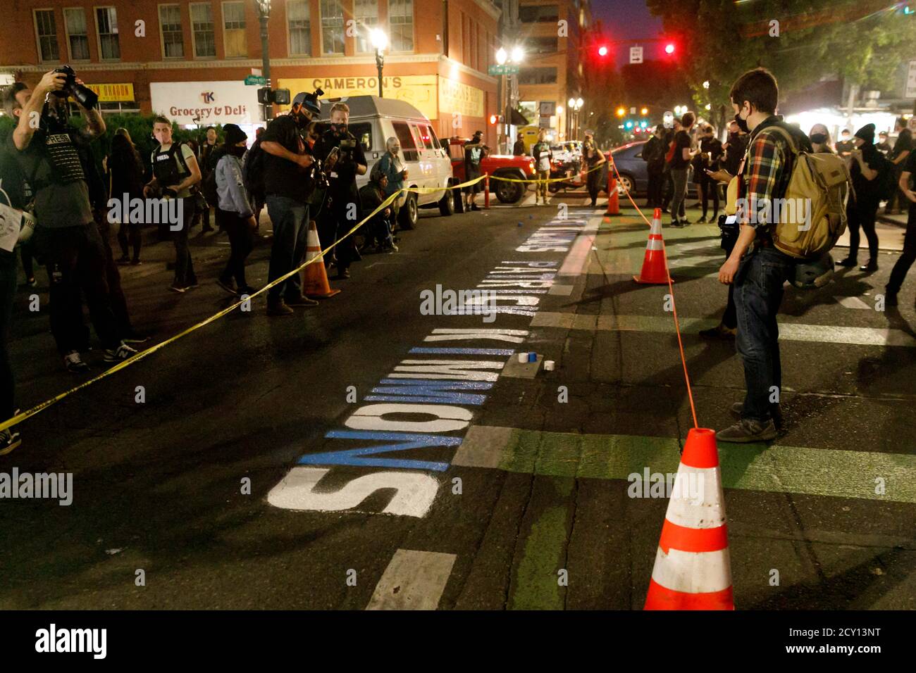 Portland, USA. 30th Sep, 2020. Patrick Kimmons, a 27-year old black man shot by police two years ago today, was commemorated with speeches and street-painting at the site of his death in Portland, Oregon on Sept. 30, 2020. (Photo by John Rudoff/Sipa USA) Credit: Sipa USA/Alamy Live News Stock Photo