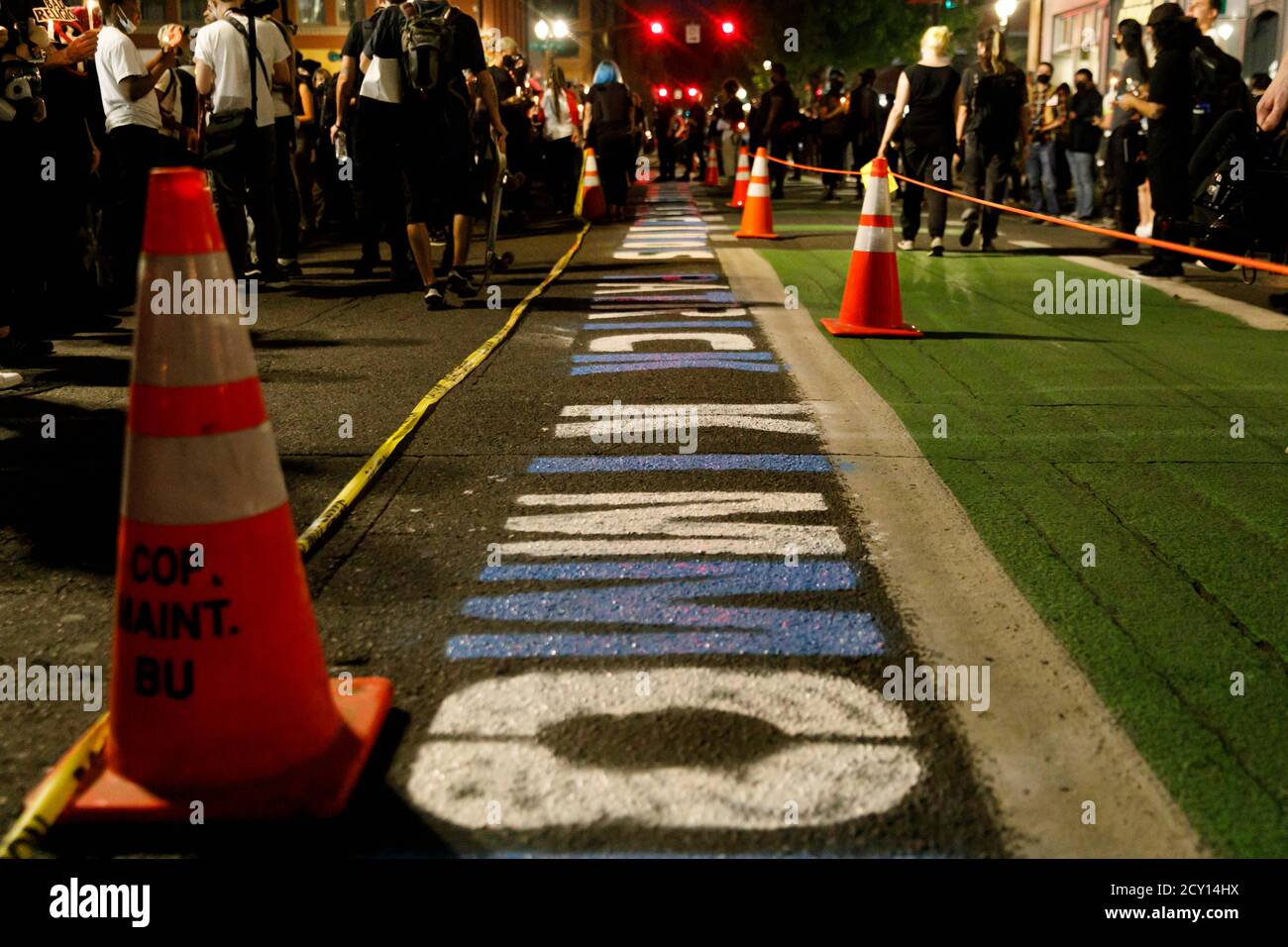Portland, USA. 30th Sep, 2020. Patrick Kimmons, a 27-year old black man shot by police two years ago today, was commemorated with speeches and street-painting at the site of his death in Portland, Oregon on Sept. 30, 2020. (Photo by John Rudoff/Sipa USA) Credit: Sipa USA/Alamy Live News Stock Photo