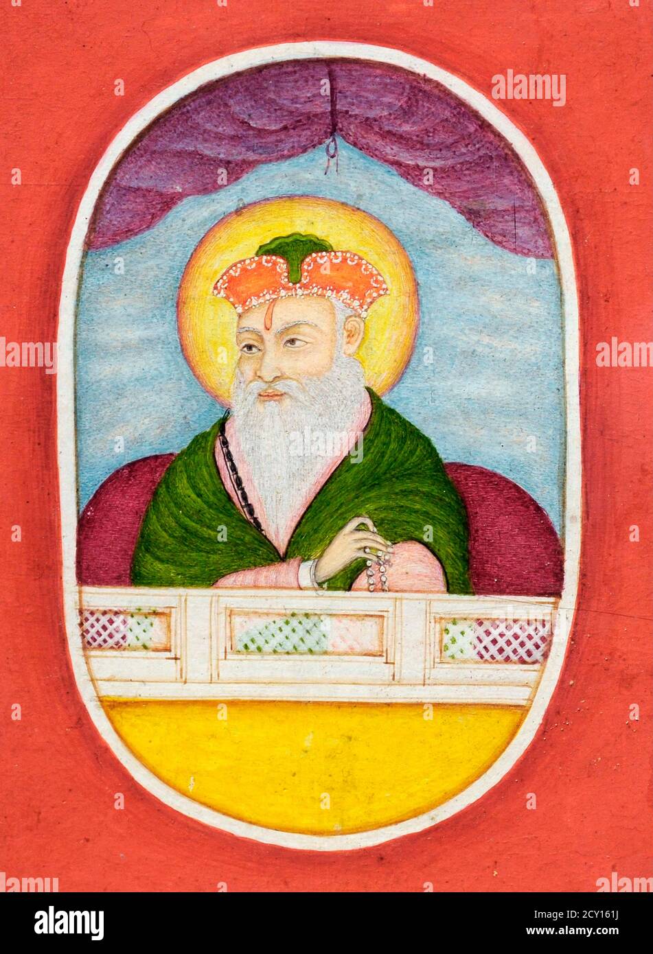 Portrait of Guru Nanak Dev, painting, natural pigments on paper, c.1800-1825, Sikh school. Guru Nanak was the first Sikh Guru and the founder of Sikhism. Stock Photo