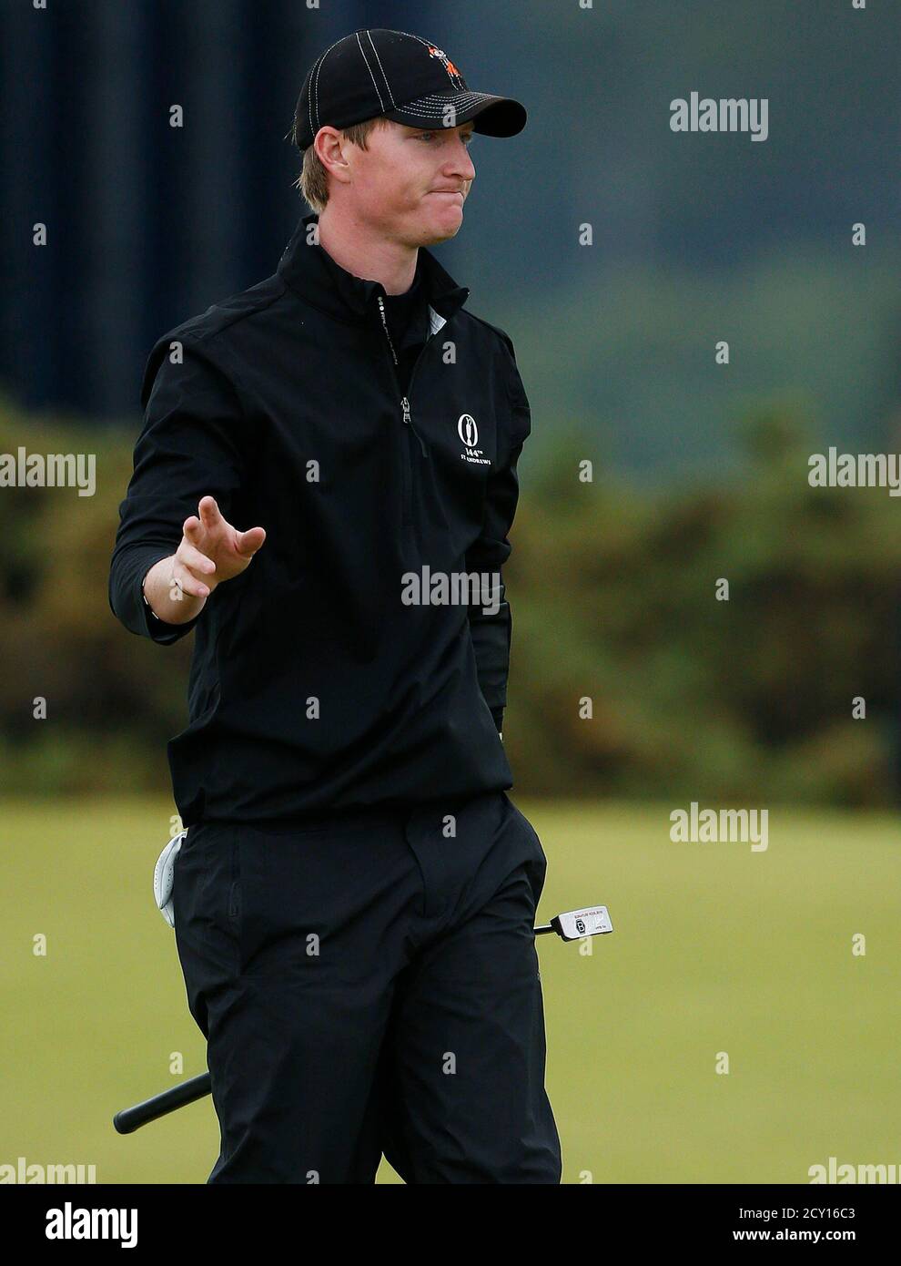Jordan Niebrugge of the U.S. acknowledges the crowd after his birdie putt on the fifth hole during the final round of the British Open golf championship on the Old Course in St. Andrews, Scotland, July 20, 2015.     REUTERS/Russell Cheyne Stock Photo