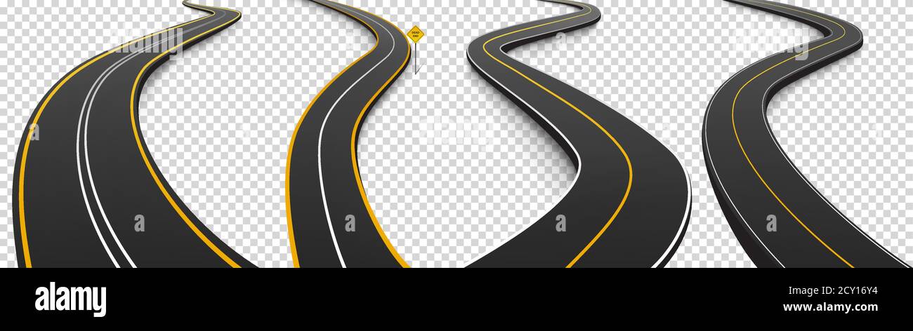 Winding roads, black asphalt highways with white and yellow marking. Vector realistic set of curved car ways or streets and dead end sign isolated on transparent background Stock Vector