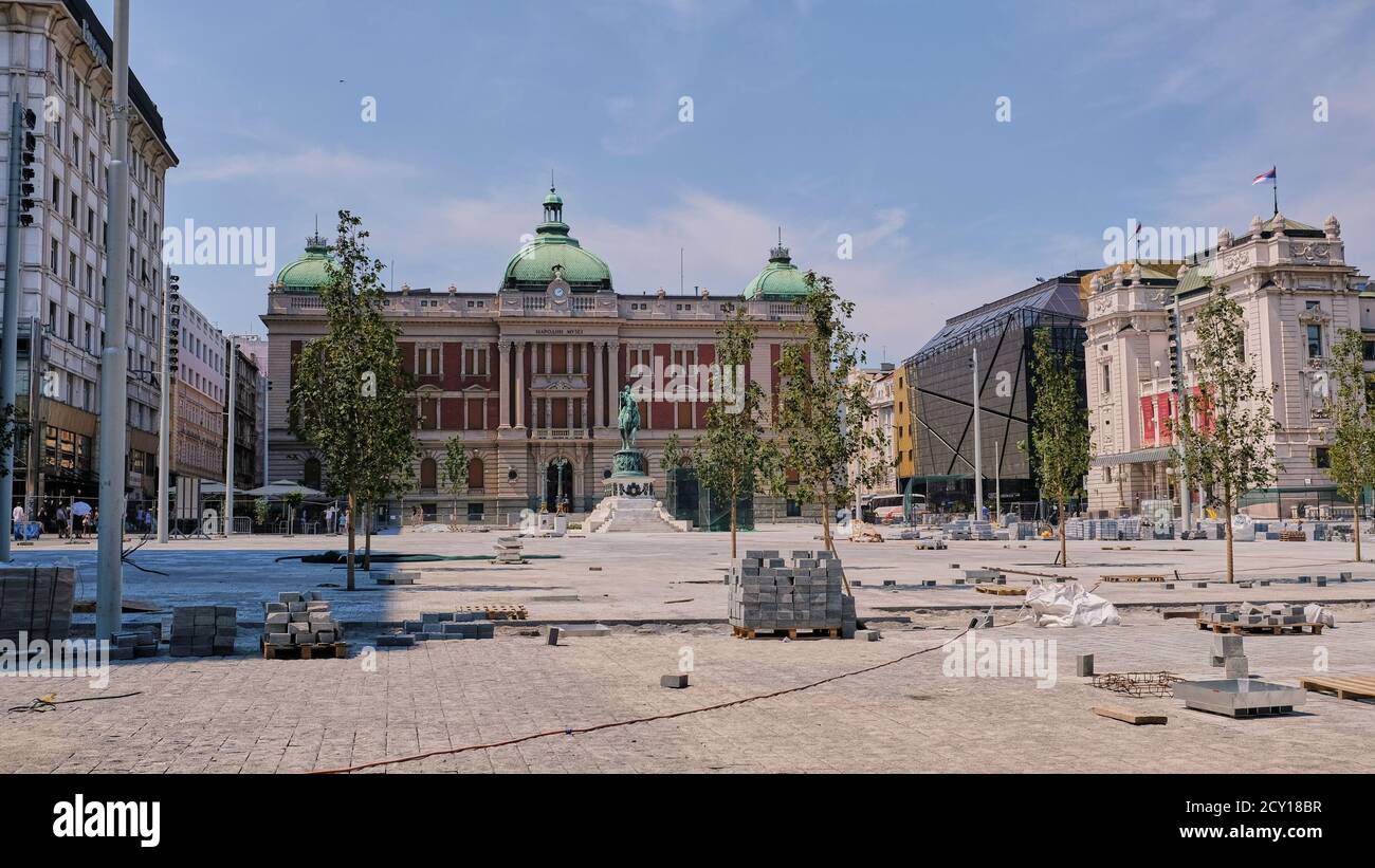 Belgrade / Serbia - July 21, 2019: Reconstruction of the Republic Square in Belgrade, the capital of Serbia Stock Photo
