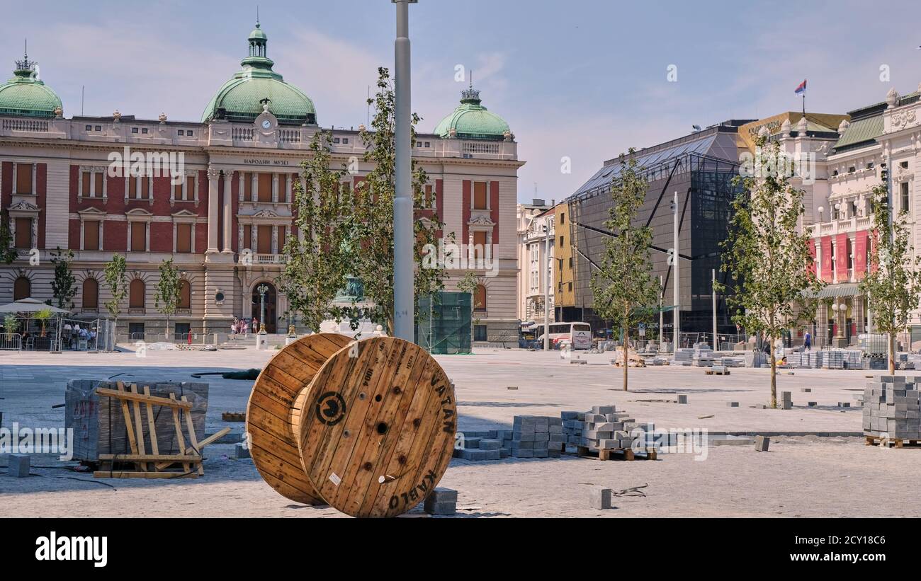 Belgrade / Serbia - July 21, 2019: Reconstruction of the Republic Square in Belgrade, the capital of Serbia Stock Photo