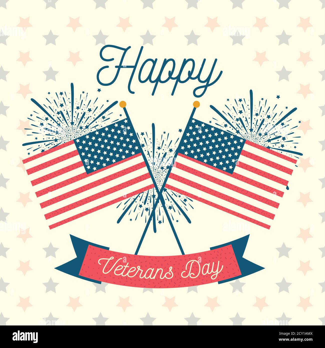 happy veterans day, USA crossed flags fireworks celebration vector