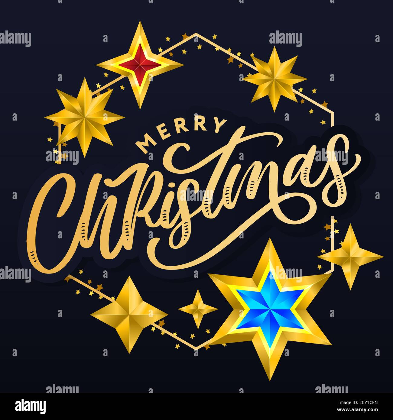 Merry Christmas card with hand drawn lettering and stars on dark ...