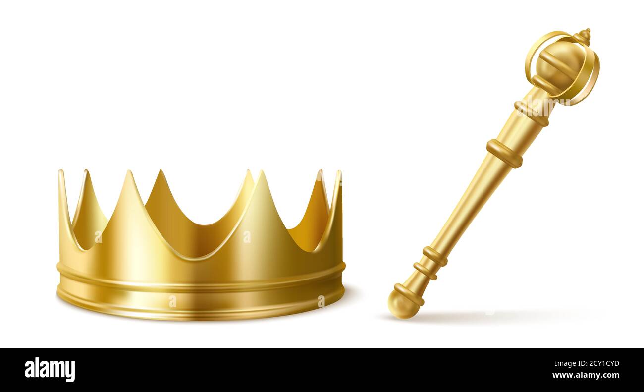 Gold royal crown and scepter for king or queen. Vector realistic luxury  golden corona and sceptre,