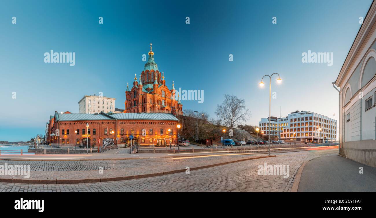 Helsinki, Finland. Uspenski Cathedral In Evening Illuminations Lights. Eastern Orthodox Cathedral Dedicated To Dormition Of The Theotokos - Virgin Stock Photo