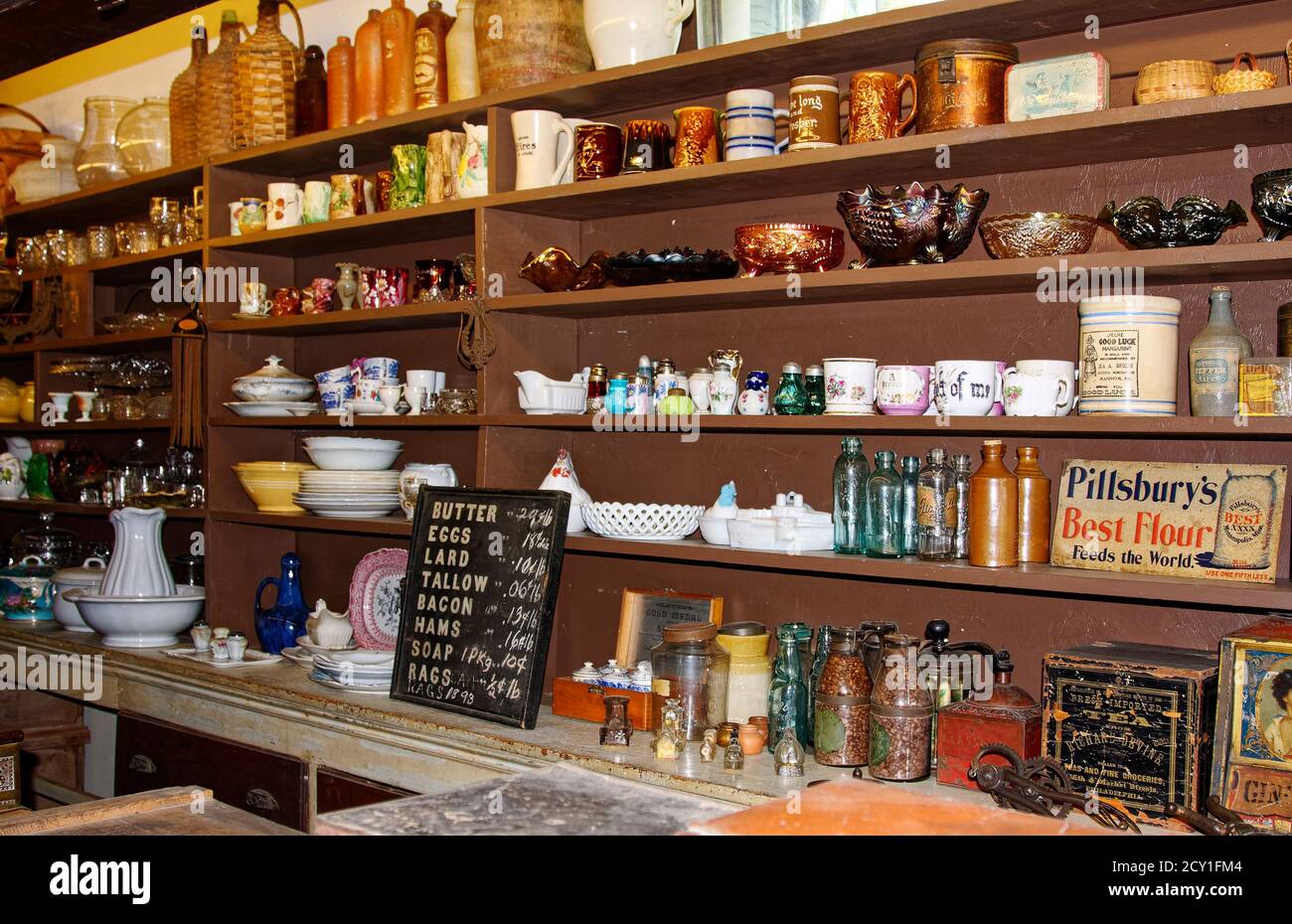 Country Store interior, shelves, dishes, containers, old, antiques