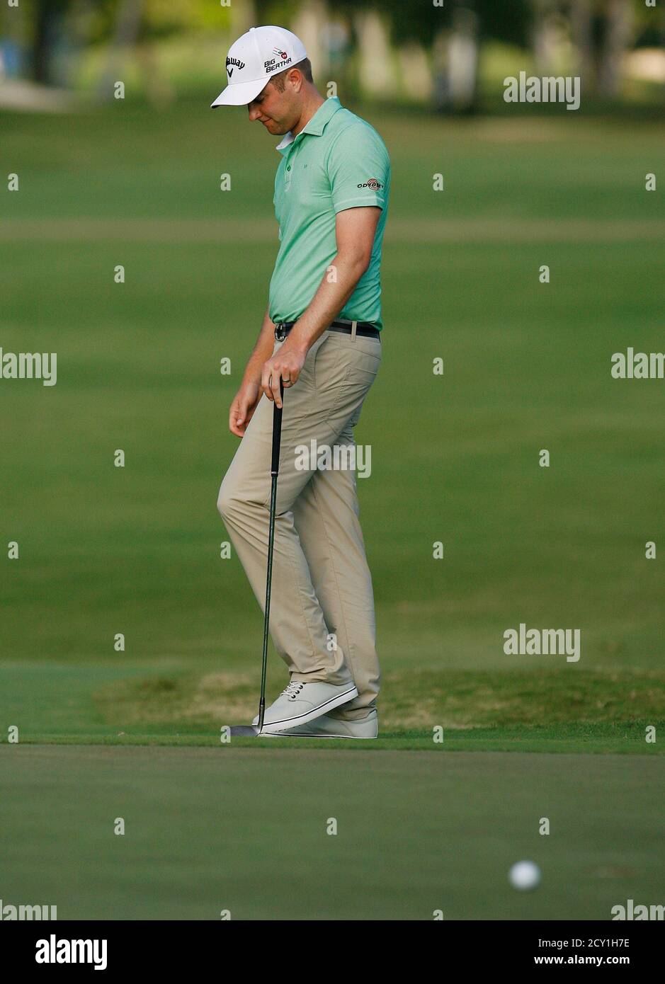 Chris Kirk Of The U S Reacts To Missing His Chip Shot For An Eagle Which Would Have Tied Him For First Place During The Final Round Of The Sony Open Golf Tournament
