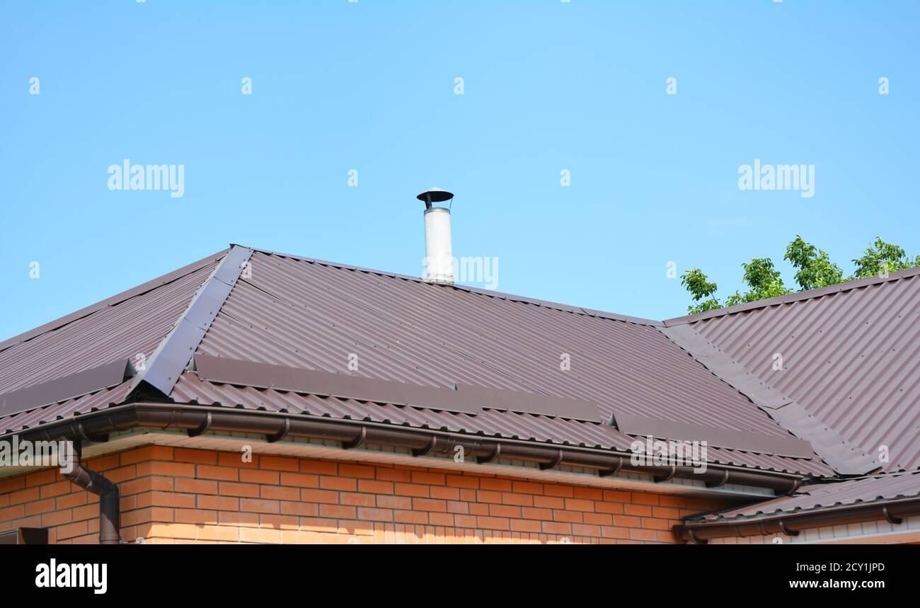 Metal roofing construction. Roof Repair with Rain Gutter and Problem