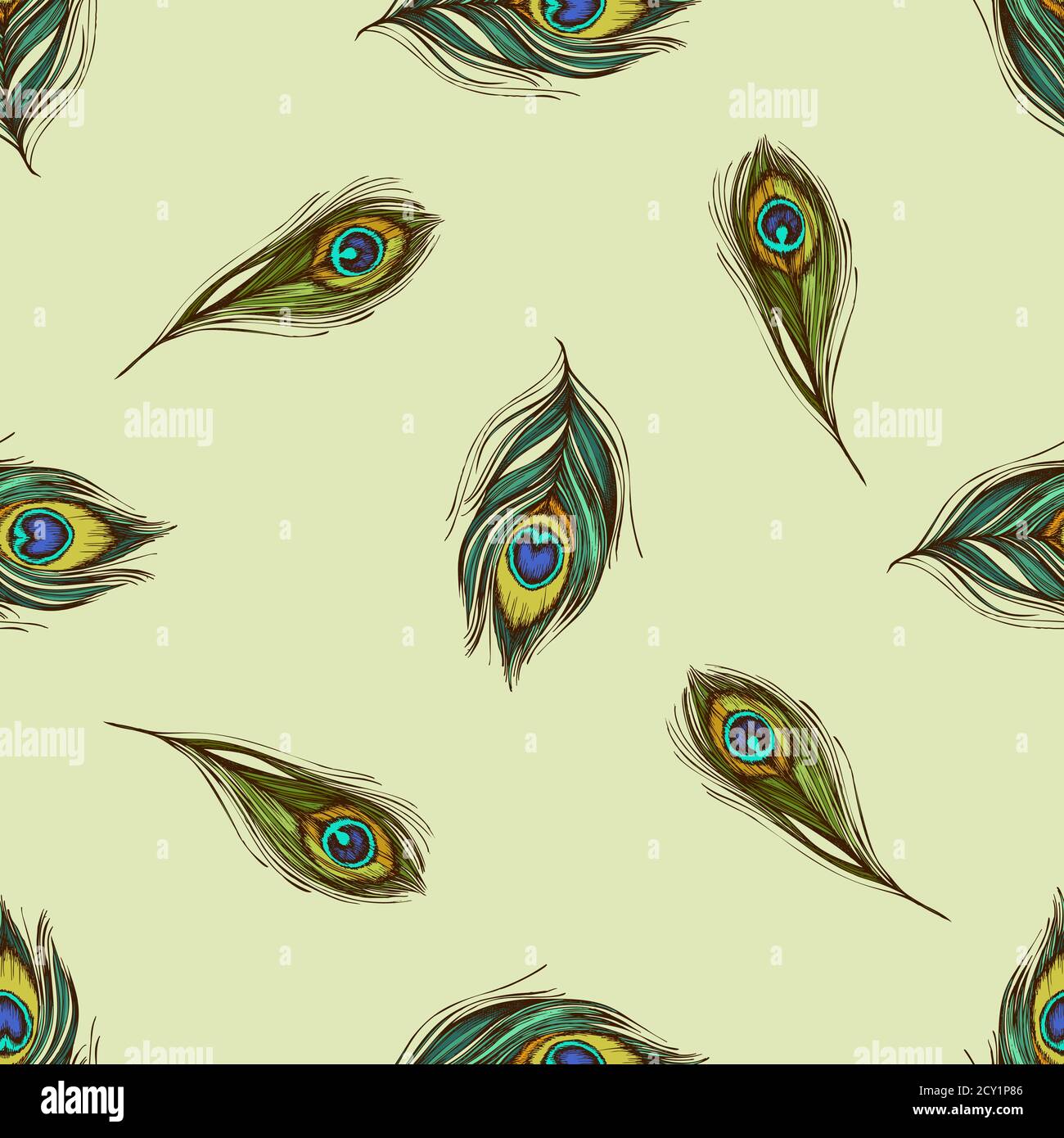 Seamless pattern with hand drawn colored peacock feathers Stock Vector